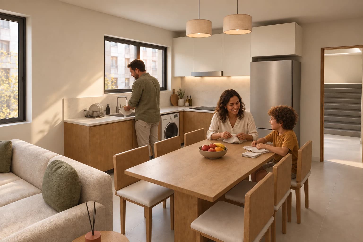 Cena ilustrativa de preparo e cuidado da cozinha junto à conversa na mesa.