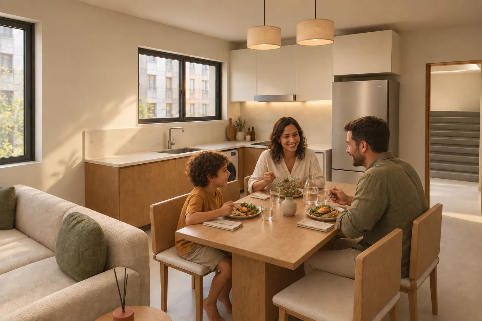 Cena ilustrativa de uma família reunida à mesa de jantar.