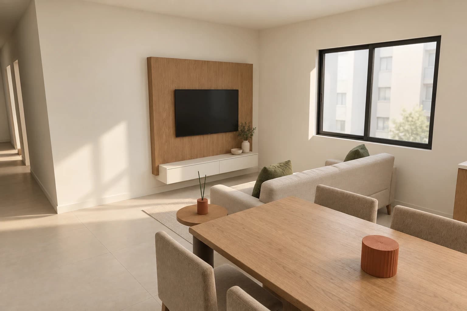 Sala de estar com sofá voltado à televisão e mesa de jantar ao fundo.