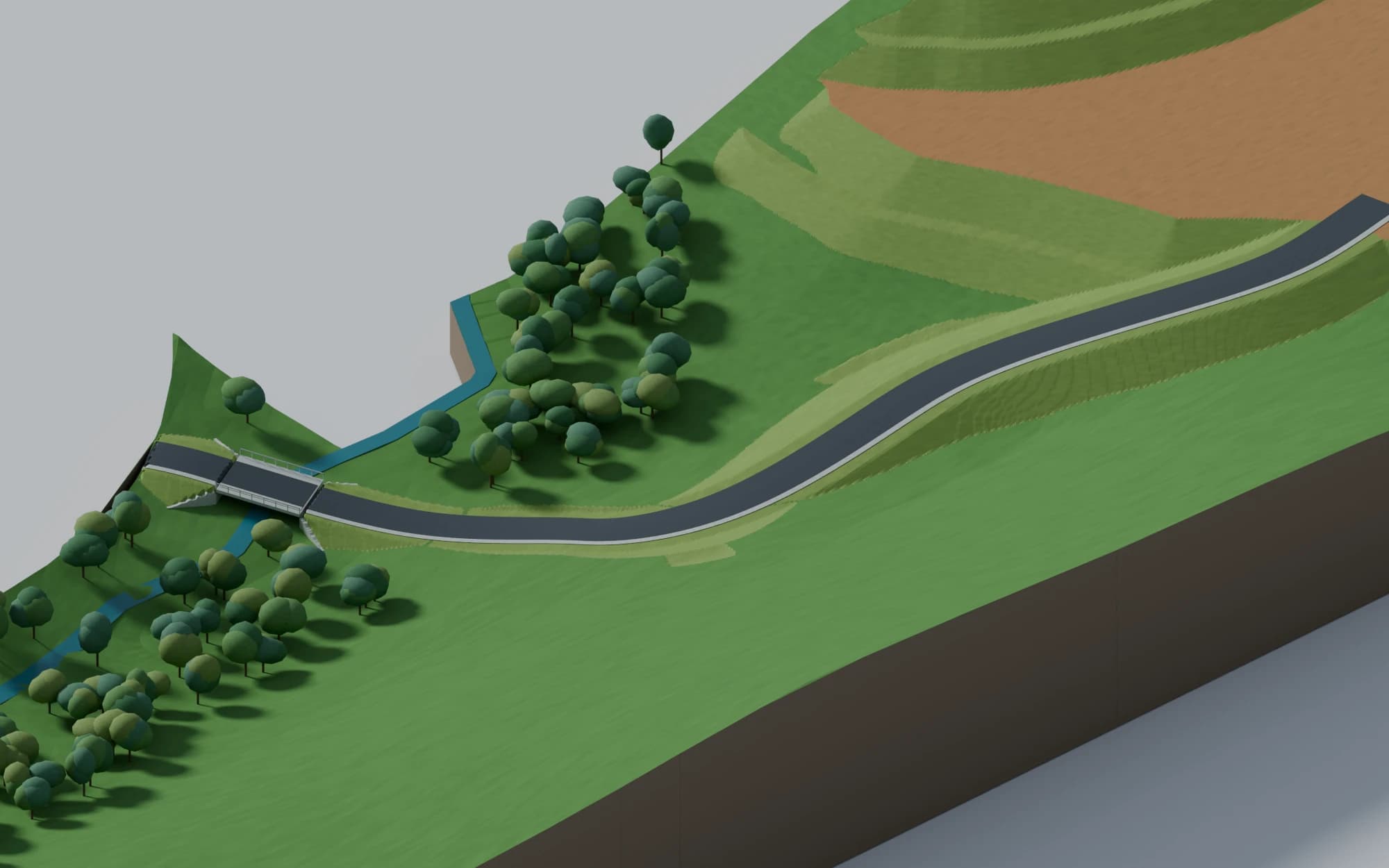 Aproximação do acesso da alternativa A, com ponte sobre o rio, passeio e curva de subida ao platô.