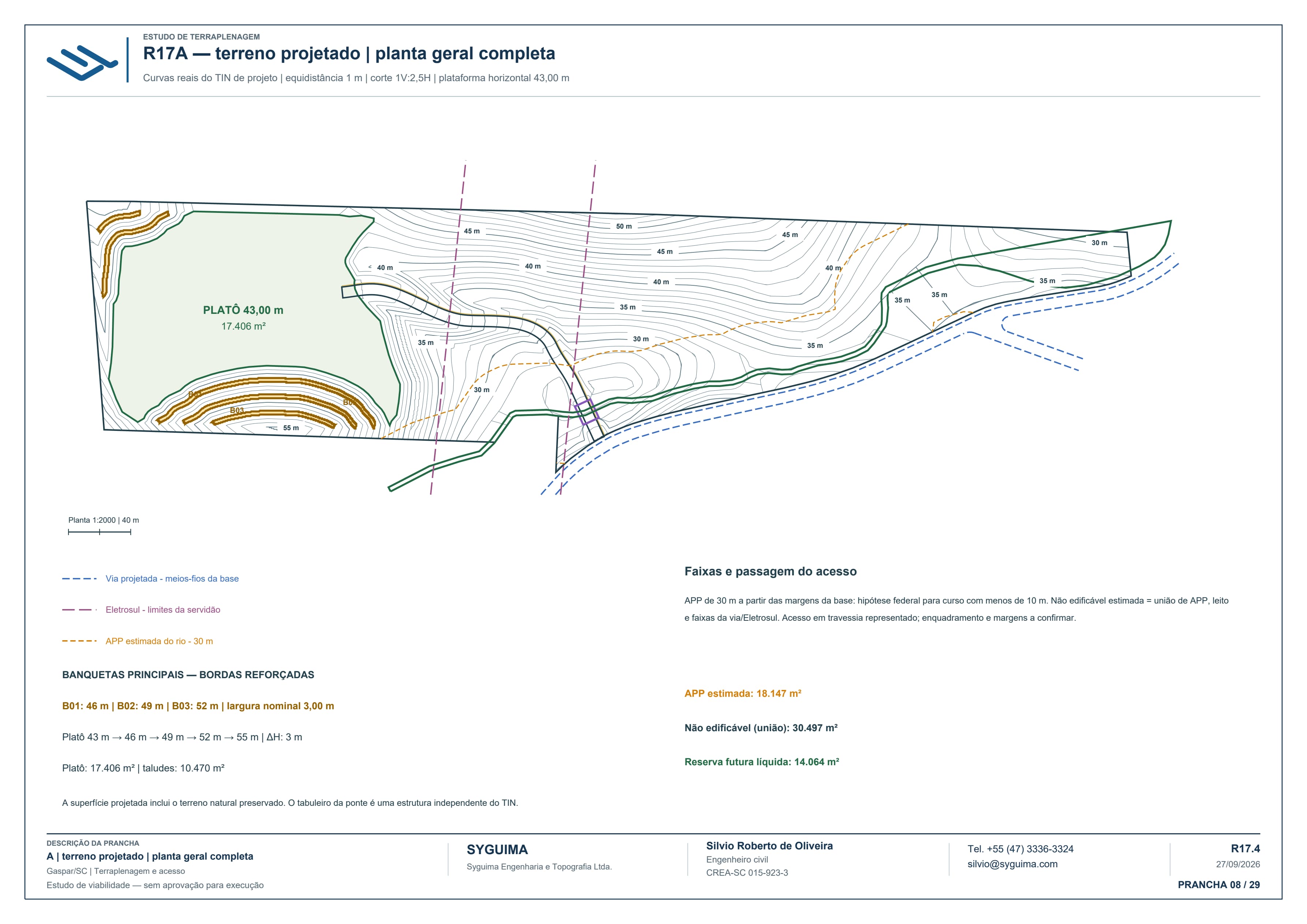Planta geral da alternativa A com platô, acesso, curvas do terreno projetado, cotas das banquetas e faixas condicionantes.