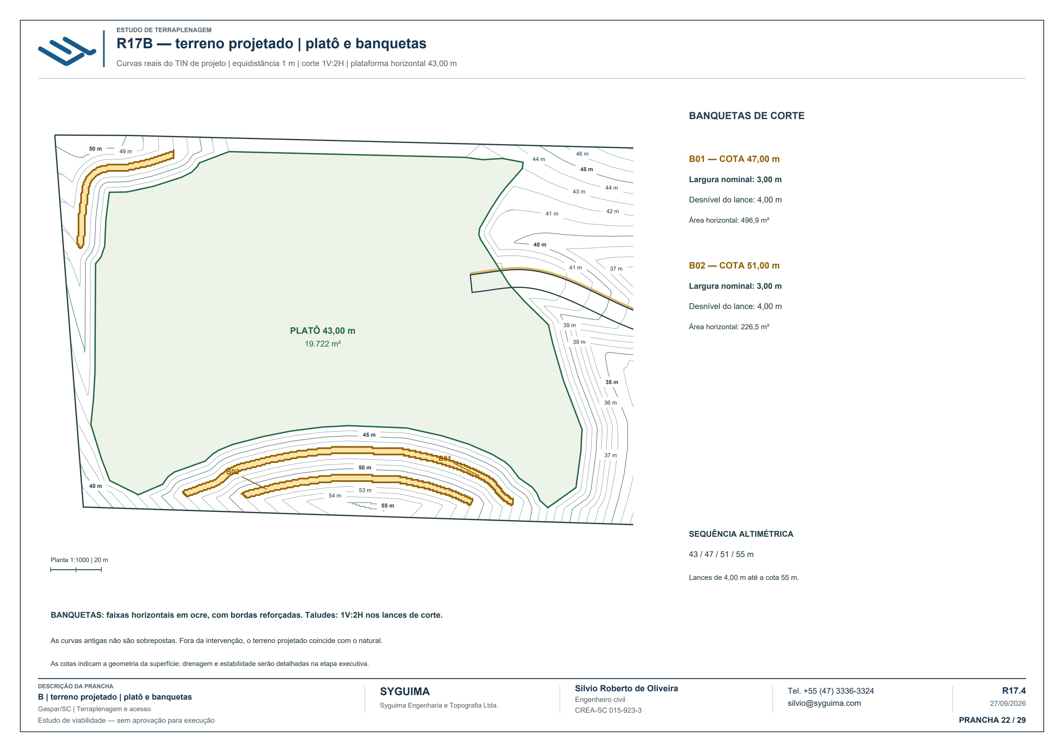 Planta das duas bancadas de corte da alternativa B, com cotas 47 e 51 metros.