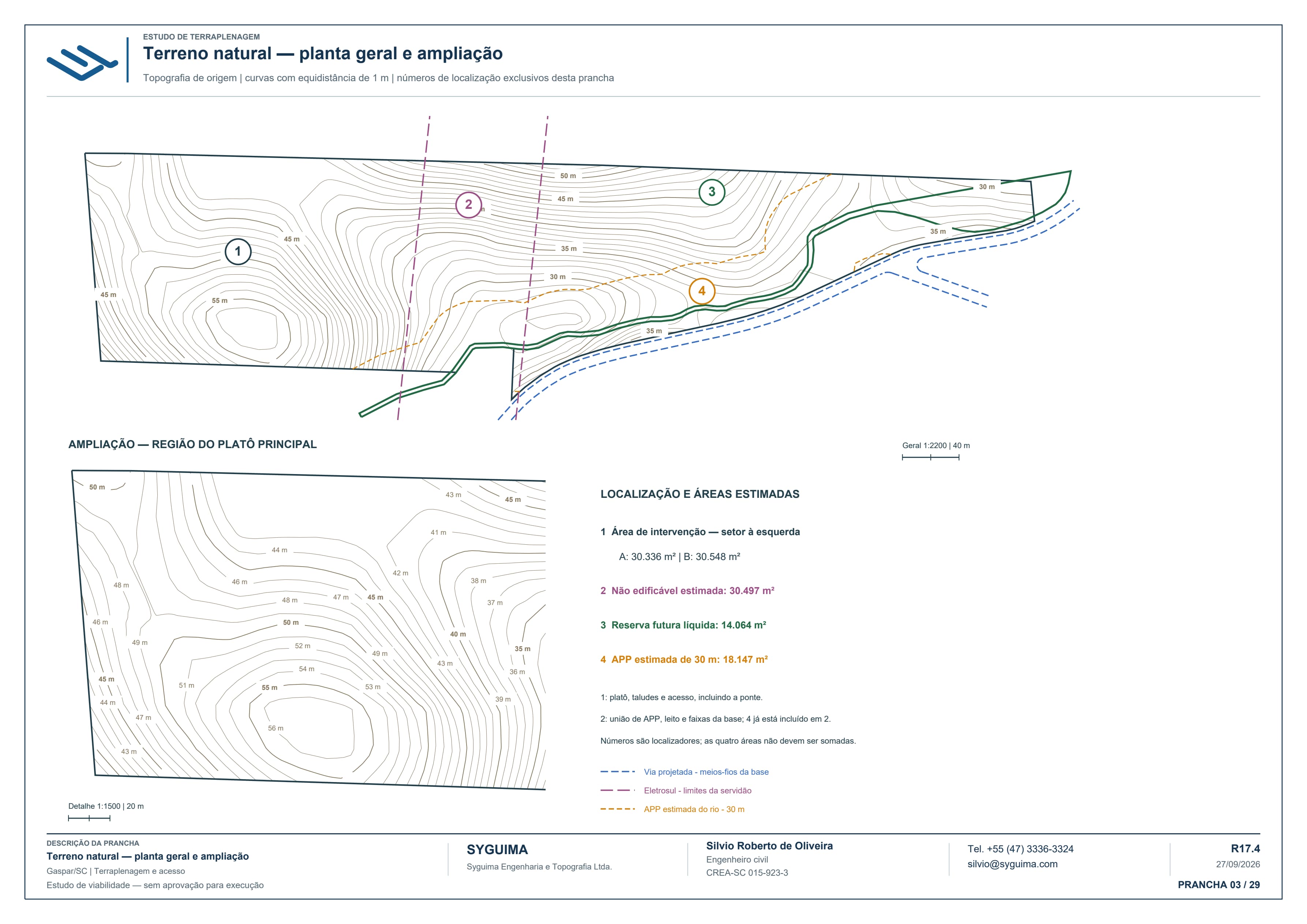 Planta topográfica geral e ampliação com curvas de nível cotadas, via, curso d’água, servidão e APP estimada.