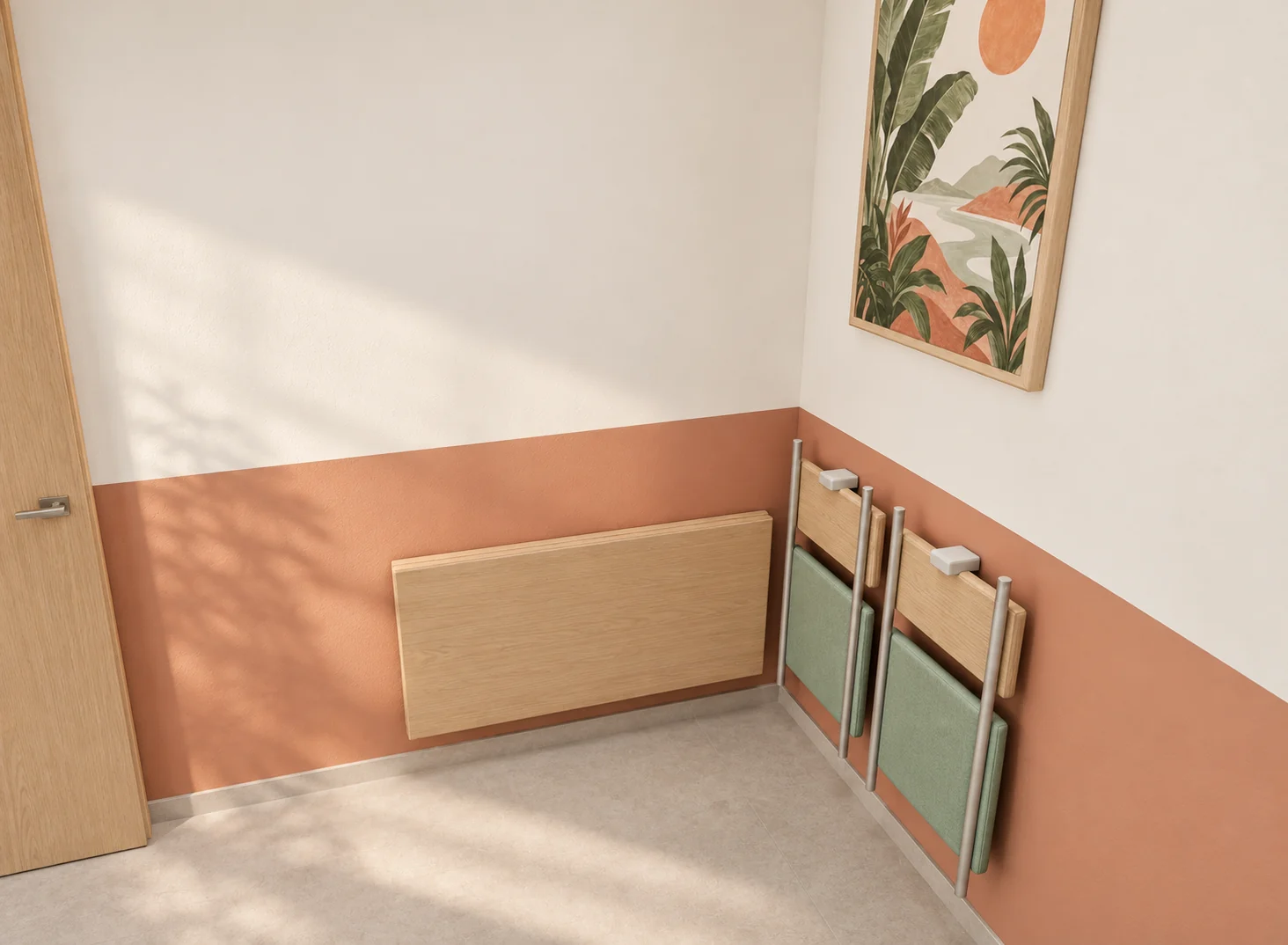 Mesa e cadeiras recolhidas · outra configuração para o mesmo ambiente.
