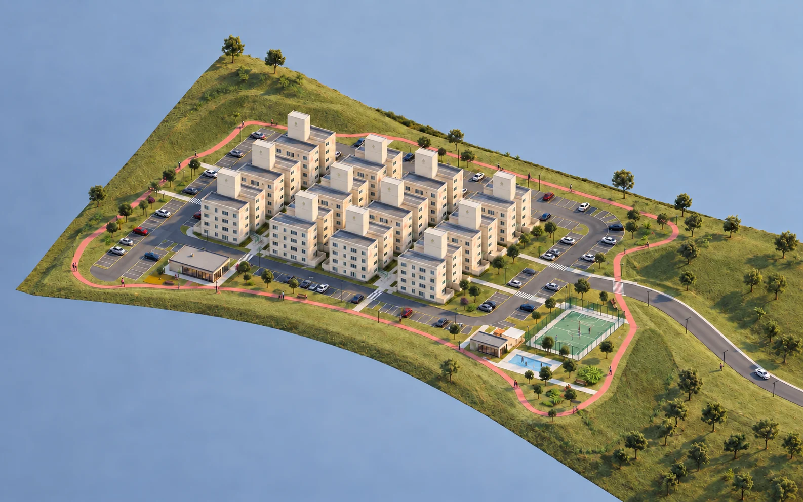 O circuito contorna o conjunto · reconheça a pista terracota, os salões e as áreas de lazer nesta vista geral.