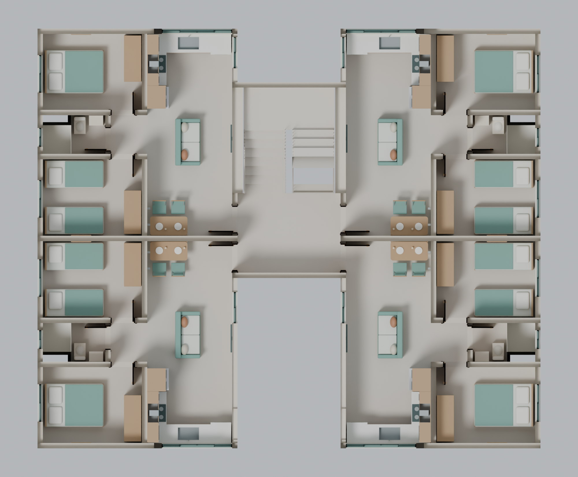 Um pavimento completo · quatro apartamentos ligados pela escada central.